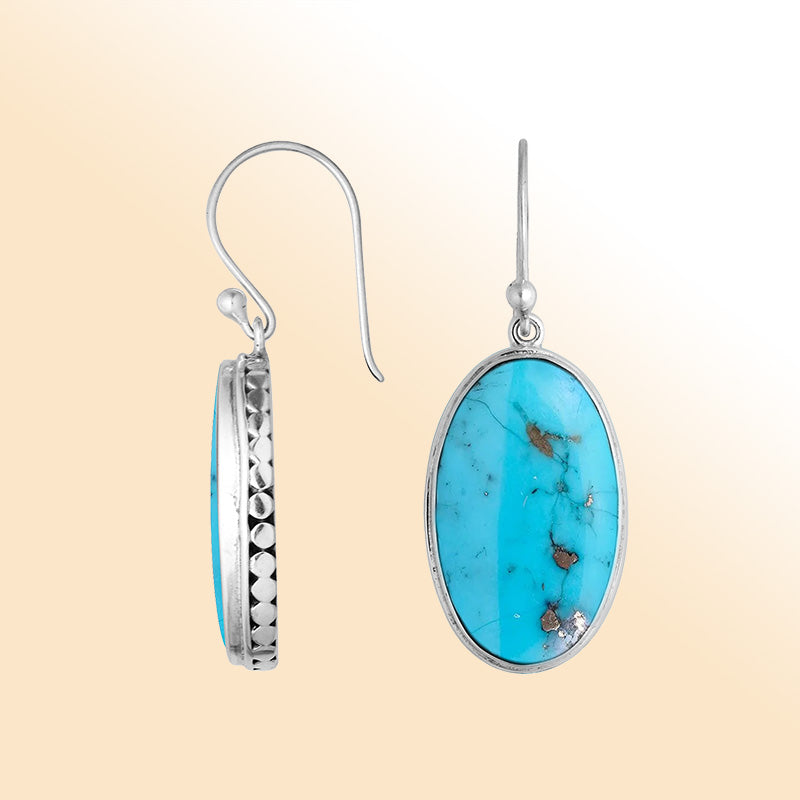 Elegant Sterling Silver Oval Earrings With Turquoise Shell And Hammered Border