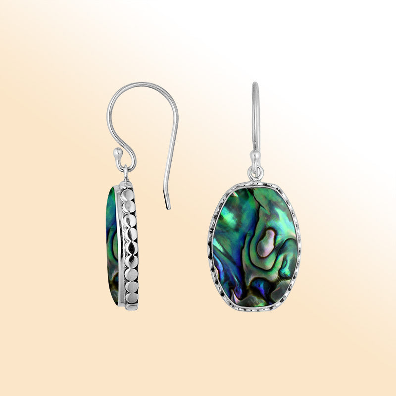Elegant Sterling Silver Earrings With Abalone Shell And Hammered Oval Design