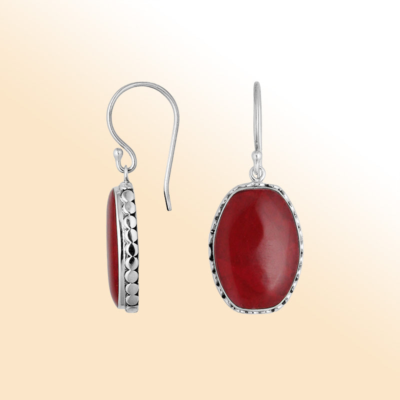 Elegant Sterling Silver Oval Earrings With Red Coral And Hammered Border