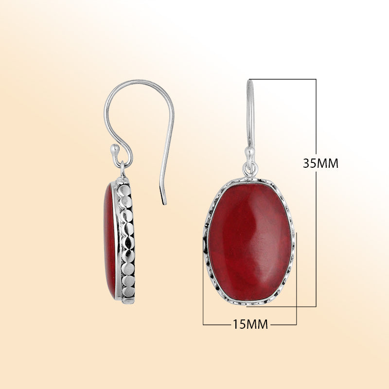 Elegant Sterling Silver Oval Earrings With Red Coral And Hammered Border