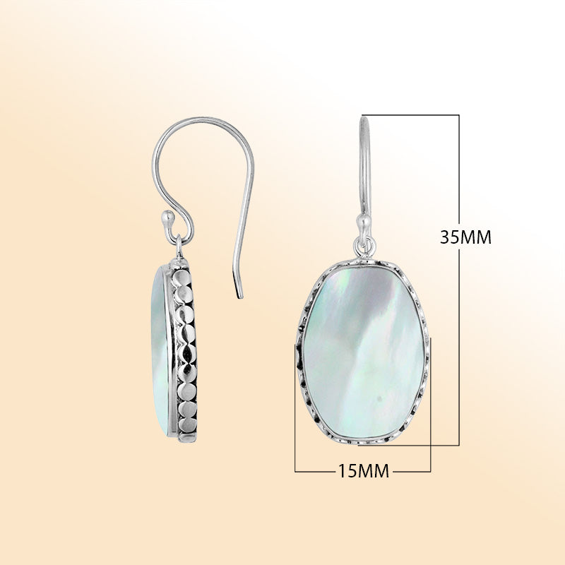 Elegant Sterling Silver Oval Earrings With Mother Of Pearl And Hammered Border