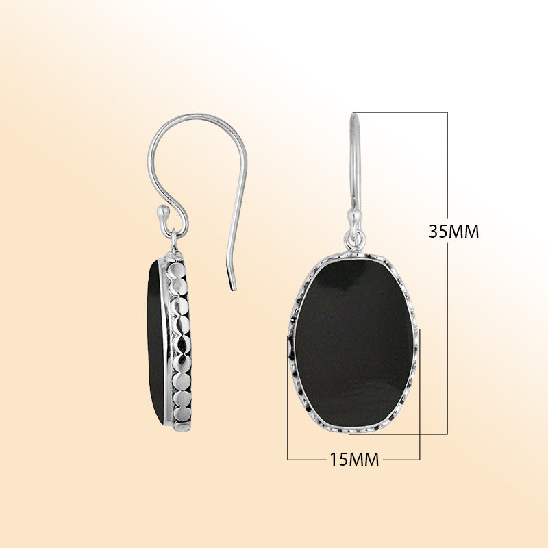 Elegant Sterling Silver Black Shell Earrings With Hammered Border And Bezel Design