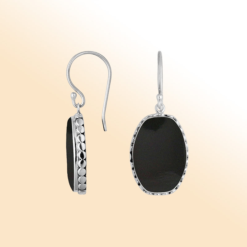 Elegant Sterling Silver Black Shell Earrings With Hammered Border And Bezel Design