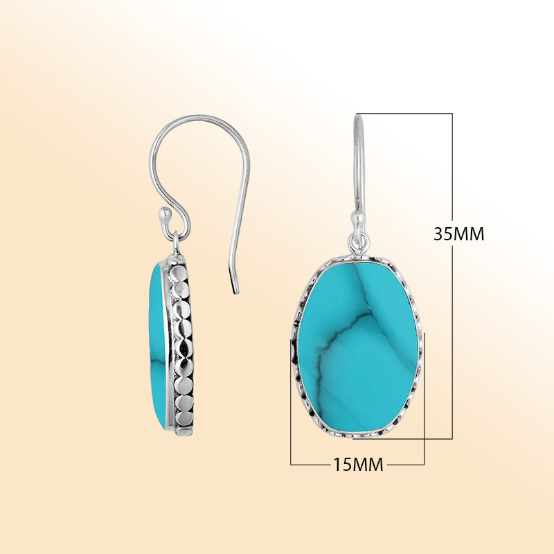 Elegant Sterling Silver Oval Earrings With Turquoise Shell And Hammered Border