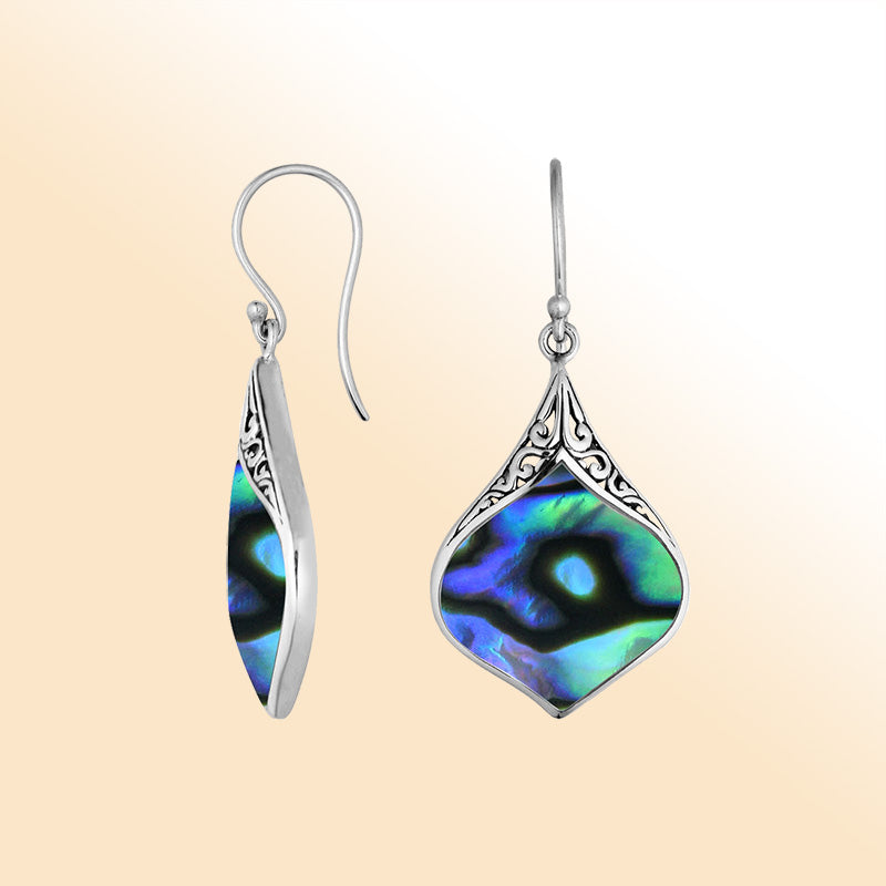 Artistic teardrop earrings with Abalone Shell and silver scroll accents