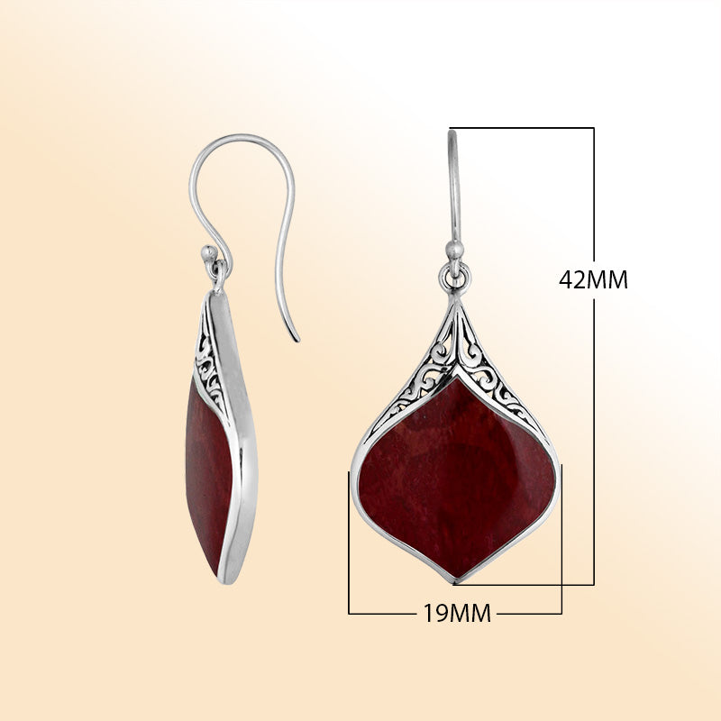 Artistic teardrop earrings with Red Coral and scroll accents