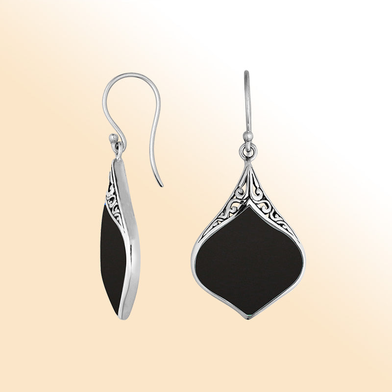 Artistic teardrop earrings with Black Shell and filigree accents