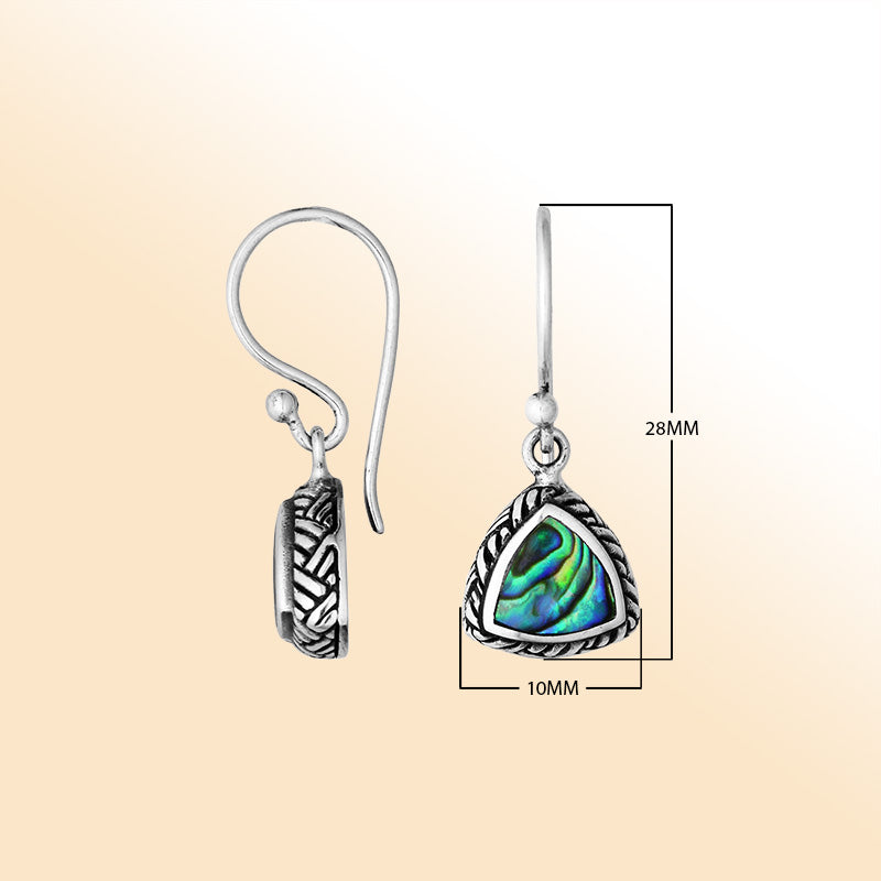 Elegant Sterling Silver Trillion Earrings With Abalone Shell And Oxidized Rope Frame
