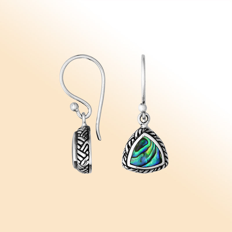 Elegant Sterling Silver Trillion Earrings With Abalone Shell And Oxidized Rope Frame