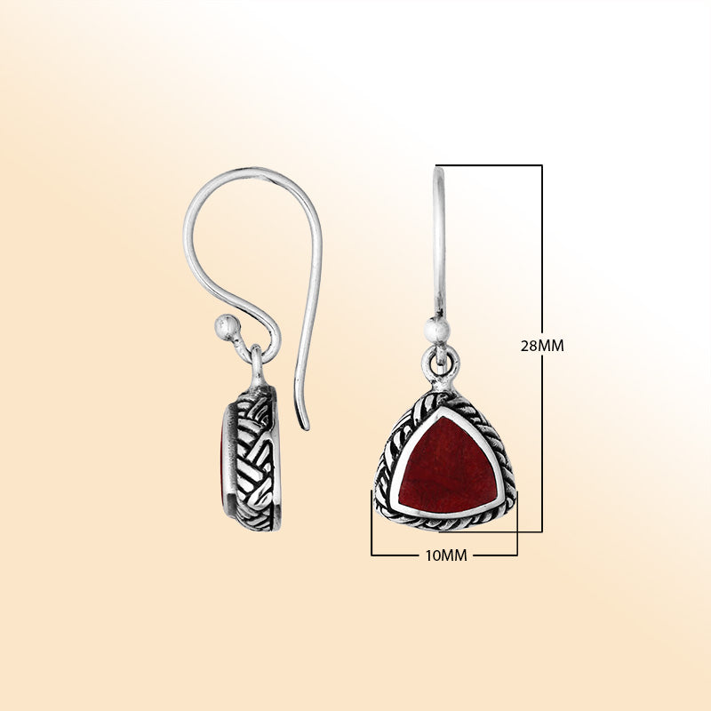 Elegant Sterling Silver Red Coral Earrings With Trillion Shape And Rope Frame