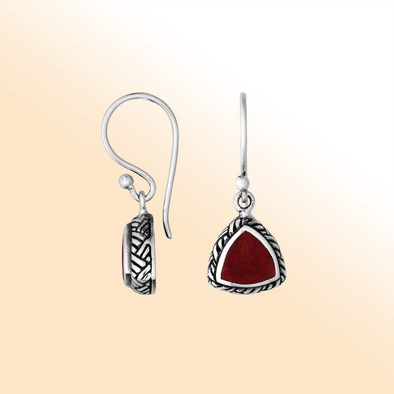 Elegant Sterling Silver Red Coral Earrings With Trillion Shape And Rope Frame