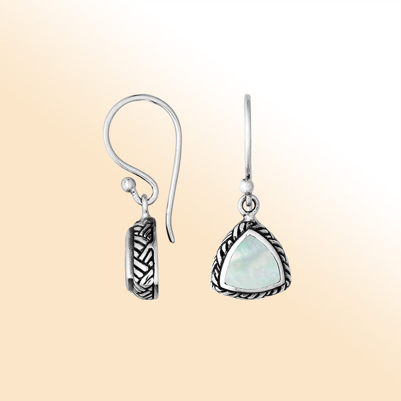 Sterling silver trillion Mother Of Pearl earrings with rope detailing handcrafted by artisans