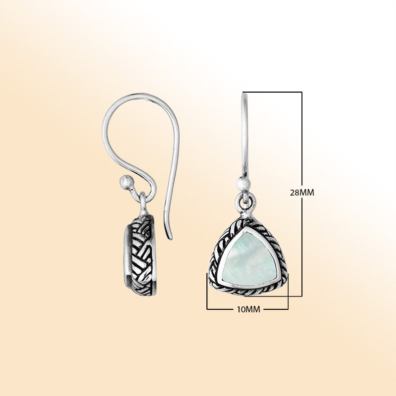 Sterling silver trillion Mother Of Pearl earrings with rope detailing handcrafted by artisans