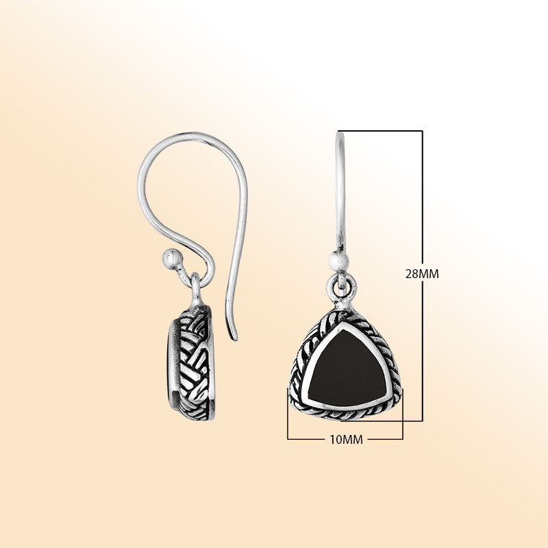 Sterling silver trillion Black Shell earrings with rope detailing handcrafted by artisans
