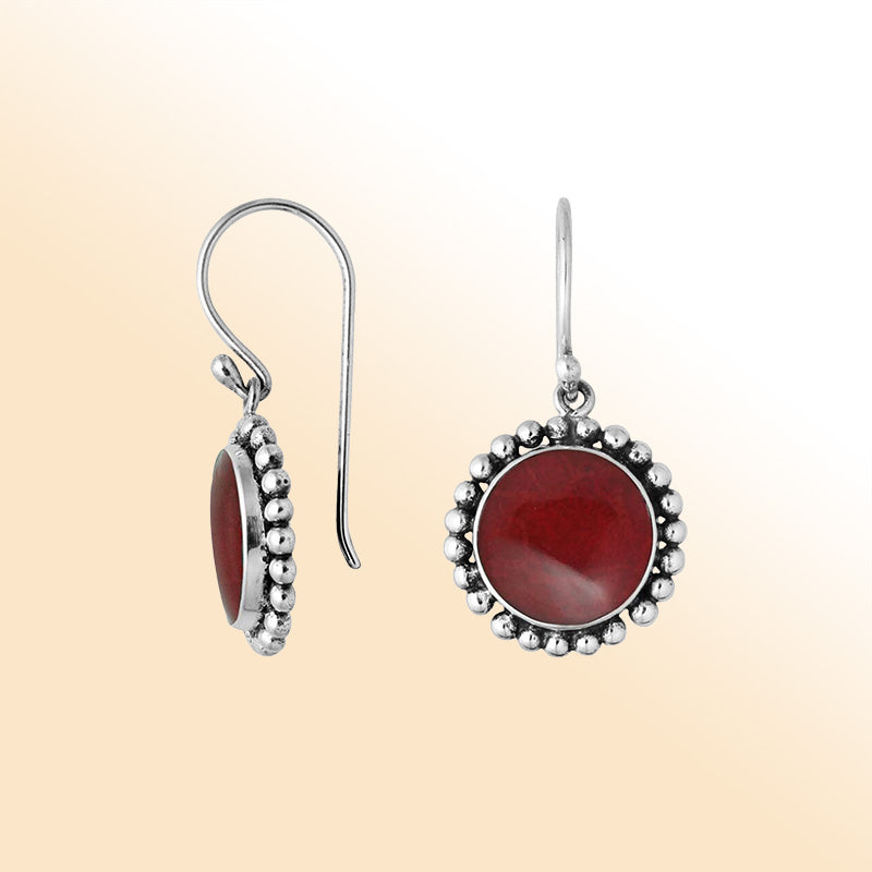 Sterling silver round Red Coral earrings with beaded border handcrafted by artisans