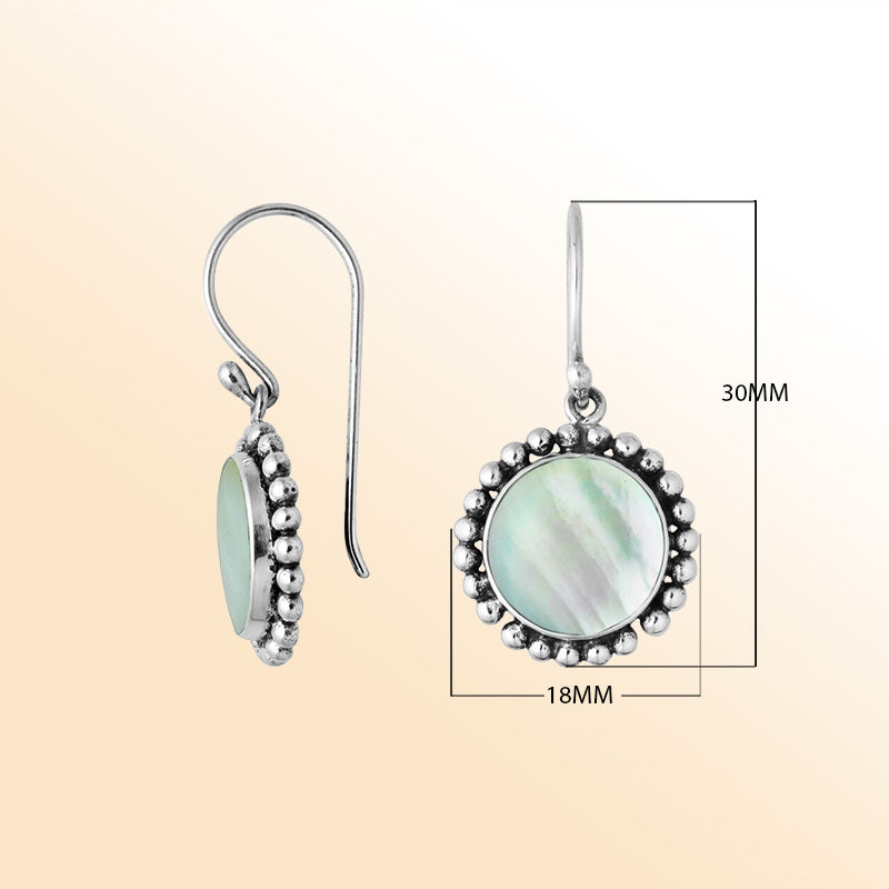 Sterling silver round Mother Of Pearl earrings with beaded border handcrafted by artisans