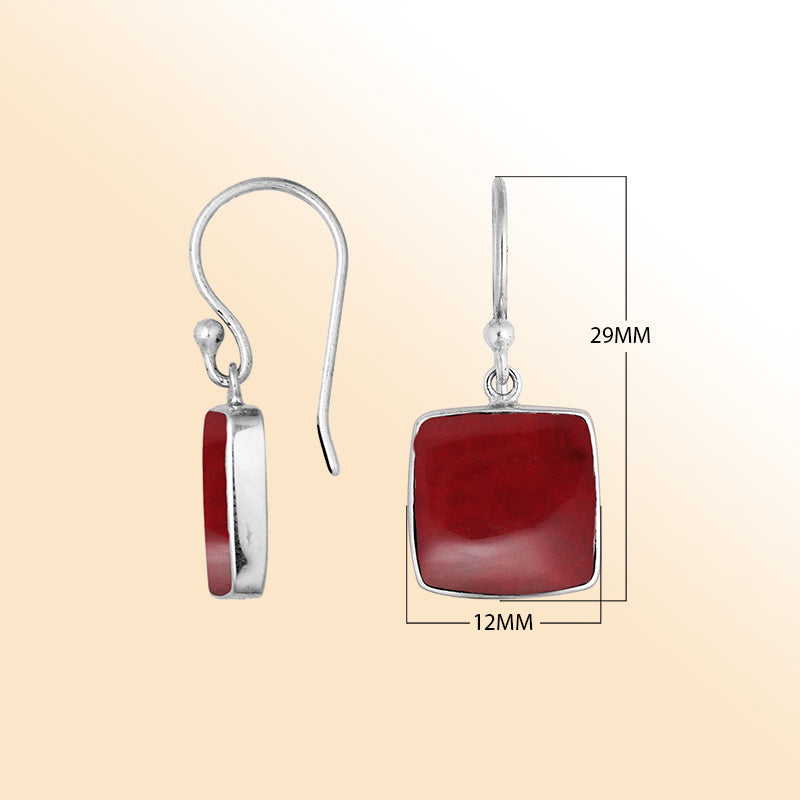 Sterling silver square Red Coral earrings with polished silver frame handcrafted by artisans