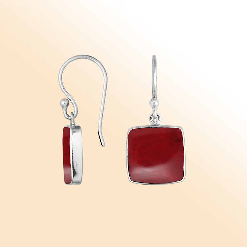 Sterling silver square Red Coral earrings with polished silver frame handcrafted by artisans
