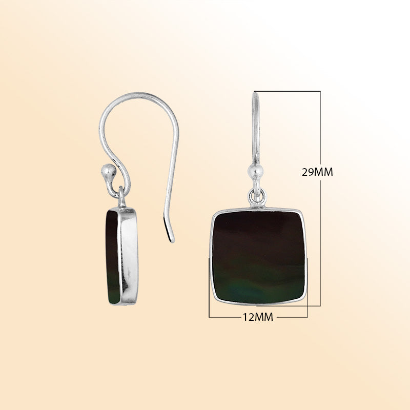 Sterling silver square Black Shell earrings with polished silver frame handcrafted by artisans