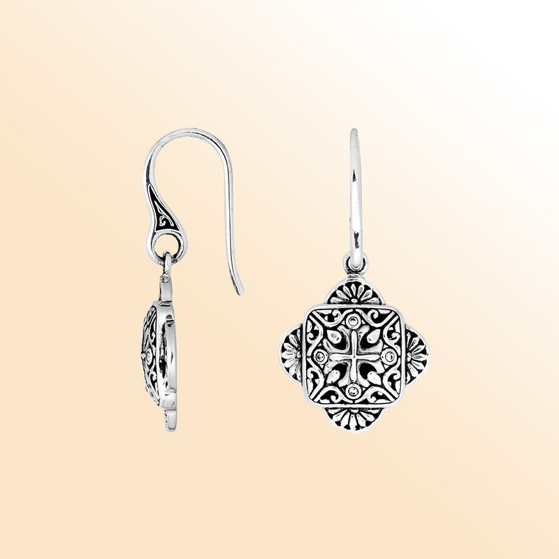 Sterling silver fancy Cubic Zirconia earrings with oxidized filigree detailing handcrafted by artisans