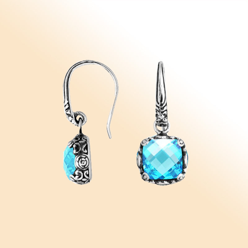 Sterling silver cushion Blue Topaz Quartz earrings with intricate silver design handcrafted by artisans