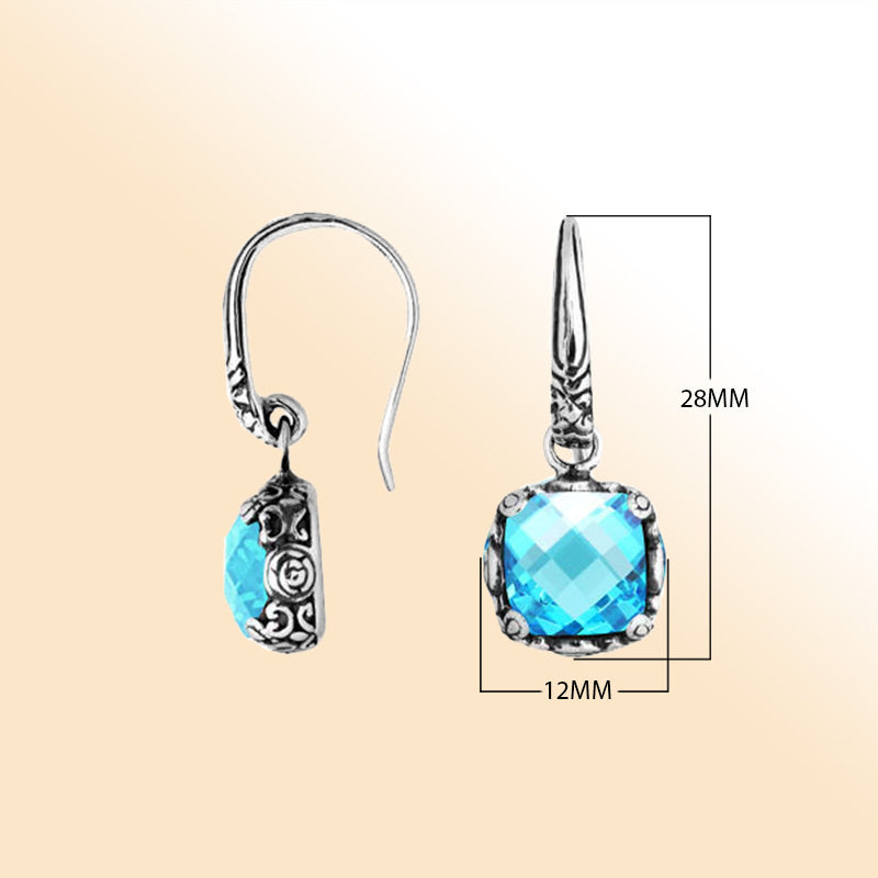 Sterling silver cushion Blue Topaz Quartz earrings with intricate silver design handcrafted by artisans