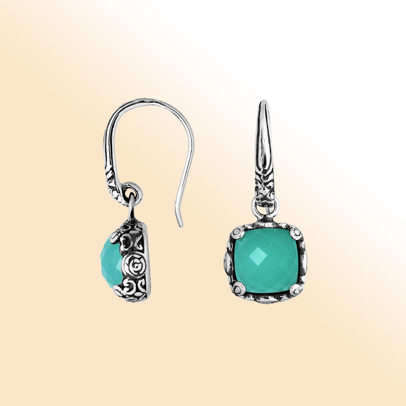 Sterling silver cushion Green Chalcedony Quartz earrings with intricate silver design handcrafted by artisans