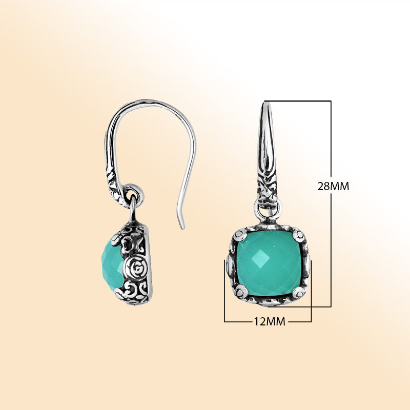 Sterling silver cushion Green Chalcedony Quartz earrings with intricate silver design handcrafted by artisans