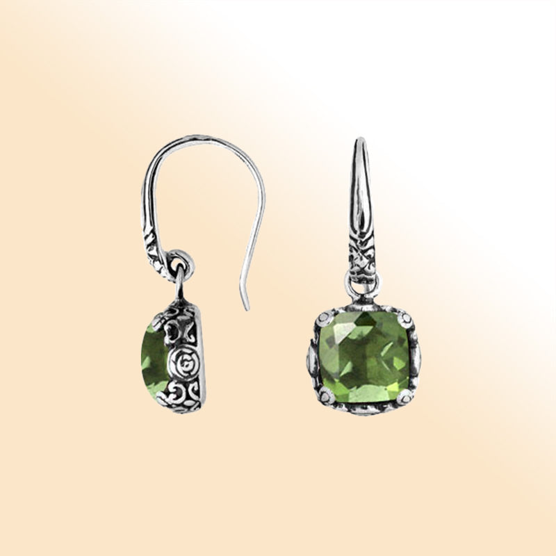 Sterling silver cushion Green Amethyst Quartz earrings with detailed silver design handcrafted by artisans
