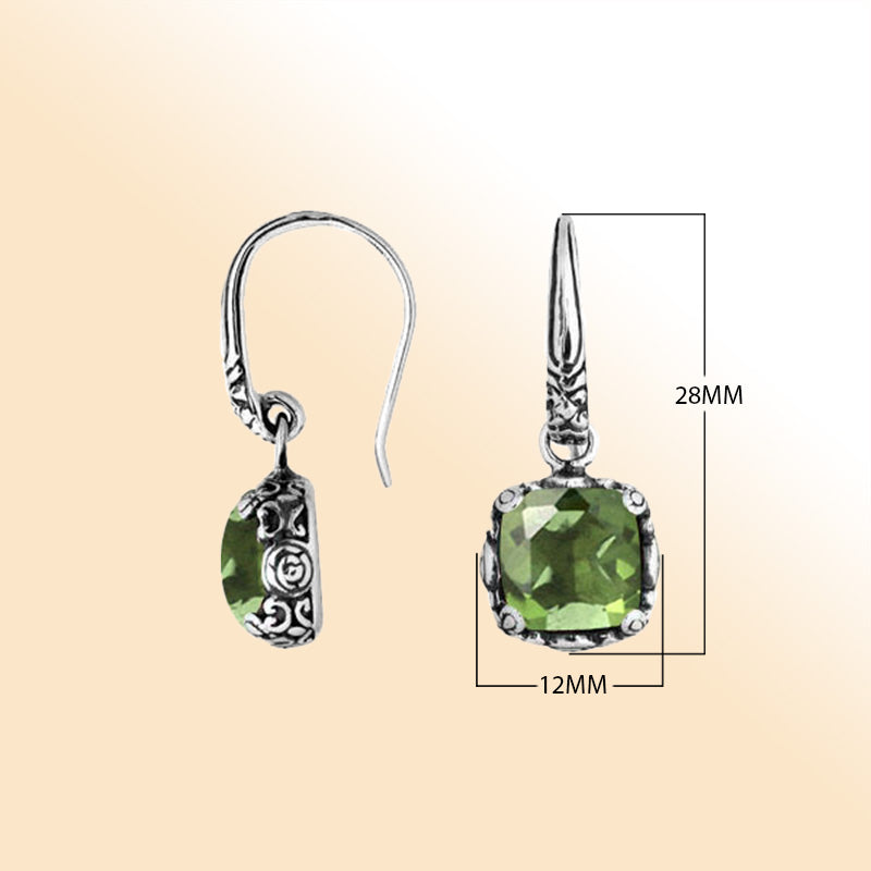 Sterling silver cushion Green Amethyst Quartz earrings with detailed silver design handcrafted by artisans
