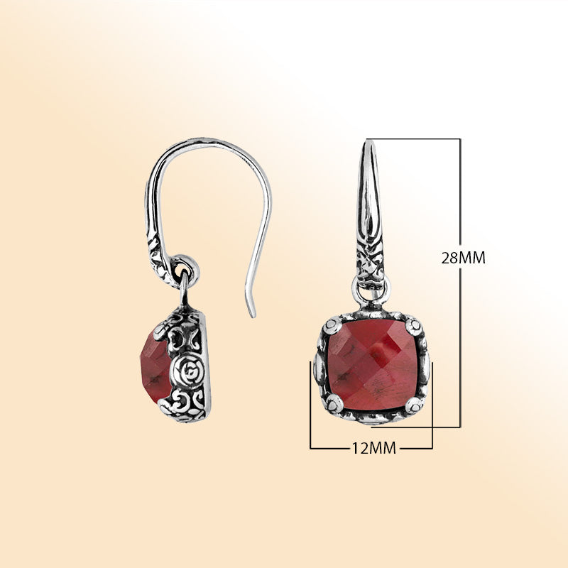 Sterling silver cushion Ruby earrings with detailed silver design handcrafted by artisans