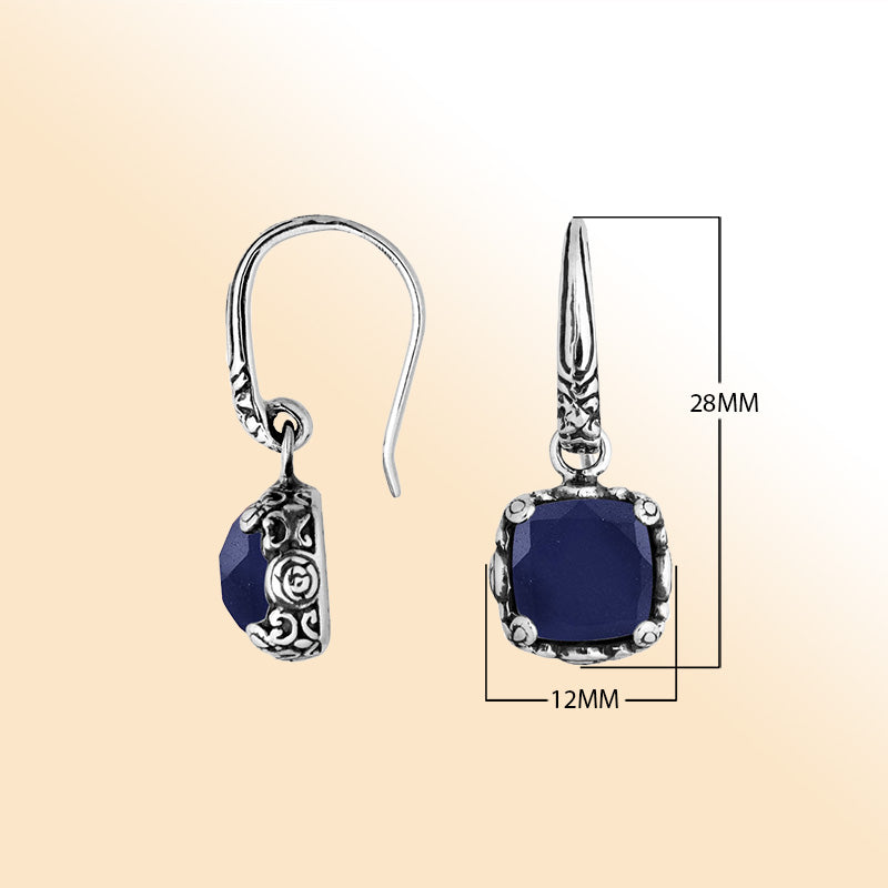 Sterling silver cushion Blue Sapphire earrings with detailed silver design handcrafted by artisans