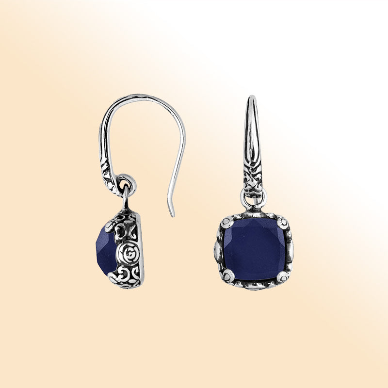 Sterling silver cushion Blue Sapphire earrings with detailed silver design handcrafted by artisans