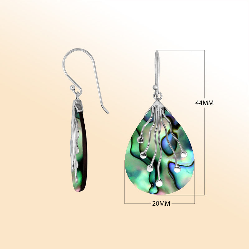 Sterling silver teardrop Abalone Shell earrings with flowing silver detailing handcrafted by artisans
