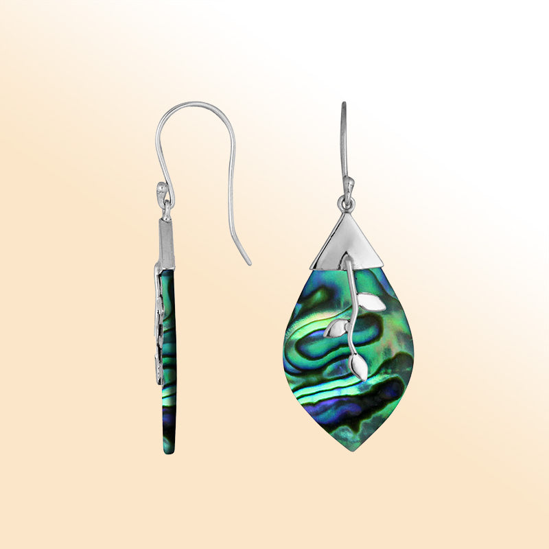 Sterling silver leaf Abalone Shell earrings with silver detailing handcrafted by artisans