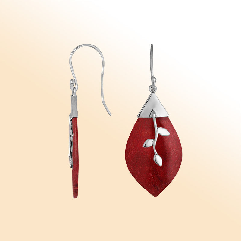 Sterling silver leaf Red Coral earrings with artistic silver detailing handcrafted by artisans