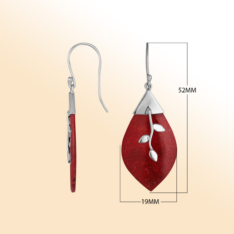 Sterling silver leaf Red Coral earrings with artistic silver detailing handcrafted by artisans