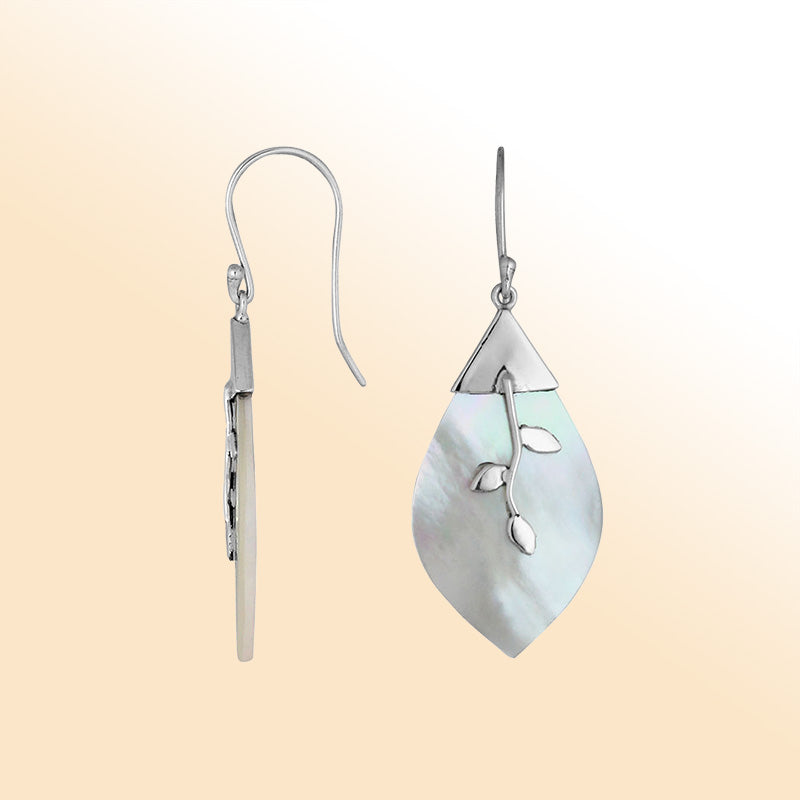Sterling silver leaf Mother Of Pearl earrings with artistic silver detailing handcrafted by artisans