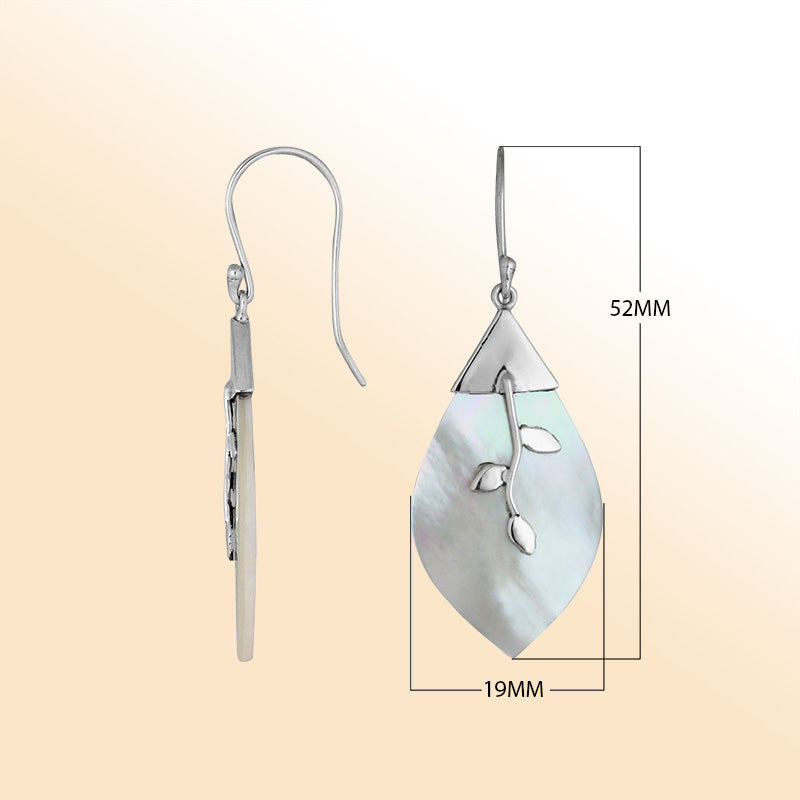 Sterling silver leaf Mother Of Pearl earrings with artistic silver detailing handcrafted by artisans