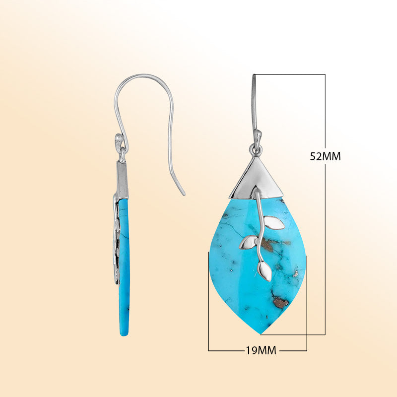 Sterling silver leaf Turquoise Quartz earrings with artistic silver detailing handcrafted by artisans