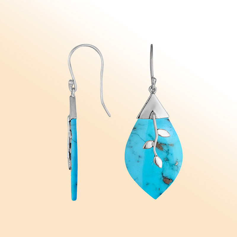 Sterling silver leaf Turquoise Quartz earrings with artistic silver detailing handcrafted by artisans