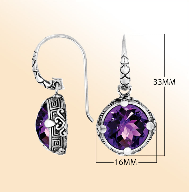 Sterling silver round Blue Topaz Quartz earrings with ornate Balinese detailing handcrafted by artisans