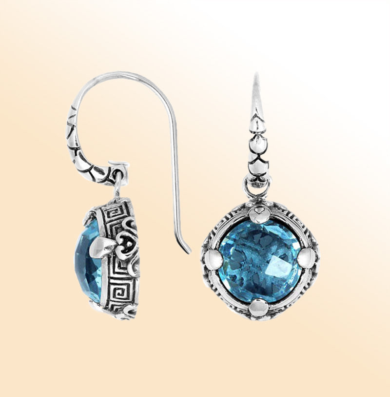 Sterling silver round Blue Topaz Quartz earrings with artistic handcrafted detailing