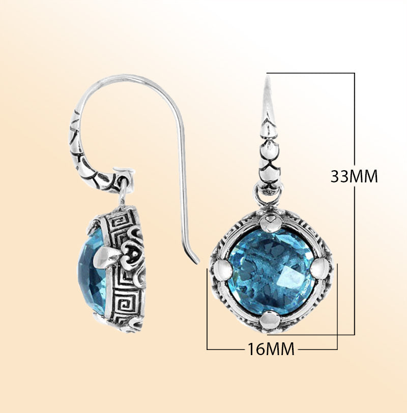 Sterling silver round Blue Topaz Quartz earrings with artistic handcrafted detailing