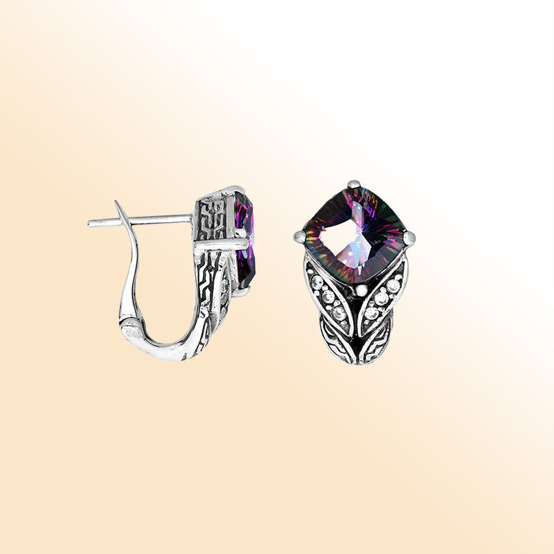 Sterling silver Mystic Quartz and Cubic Zirconia earrings with handcrafted silver detailing