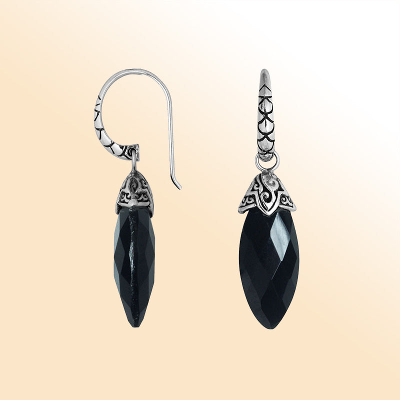 Sterling silver Black Onyx drop earrings with faceted handcrafted design