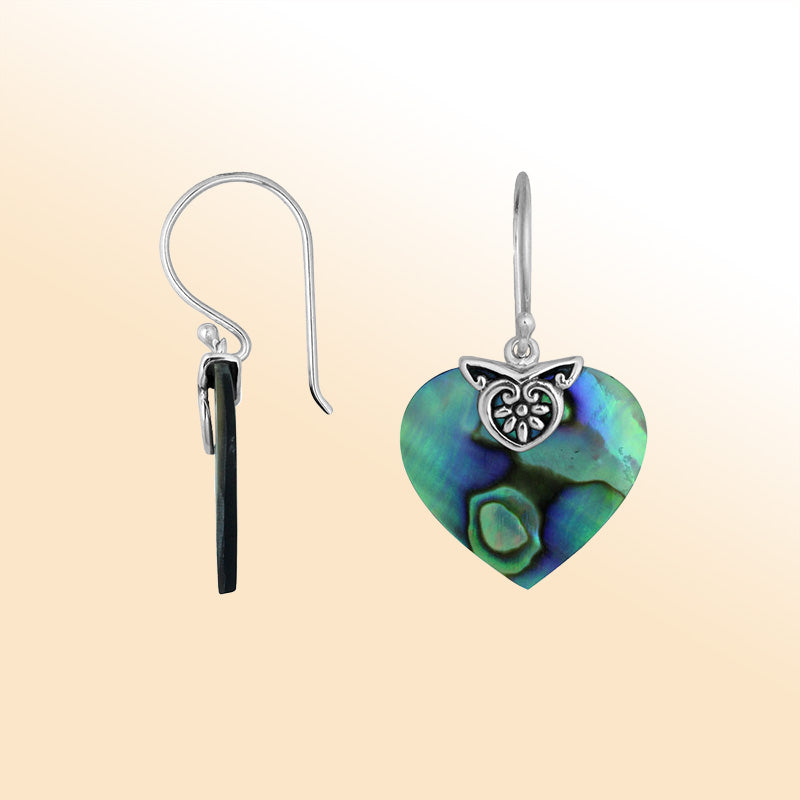 Sterling silver Abalone Shell heart drop earrings with handcrafted silver detailing