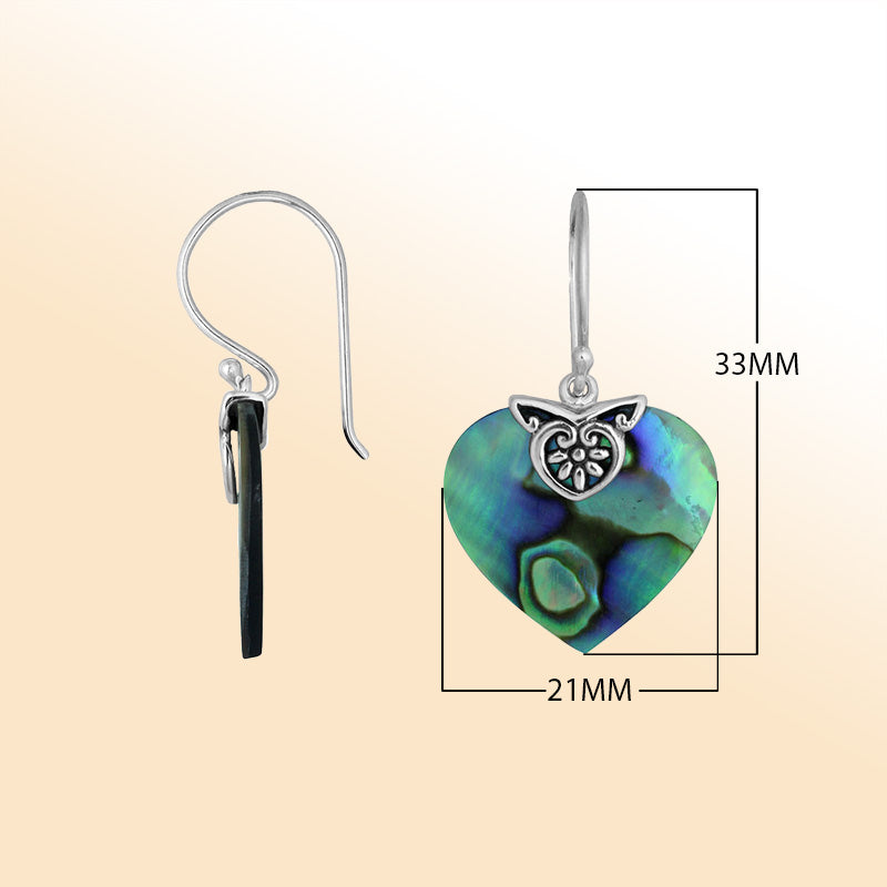 Sterling silver Abalone Shell heart drop earrings with handcrafted silver detailing