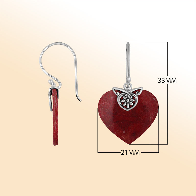 Sterling silver Coral heart drop earrings with handcrafted silver detailing