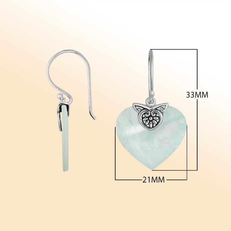 Sterling silver Mother Of Pearl heart drop earrings with handcrafted silver detailing